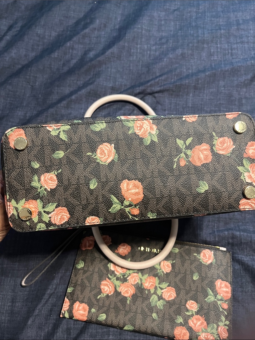 Michael Kors Black Floral Dome Satchel with Pink Roses and Wristlet - Picture 3 of 4